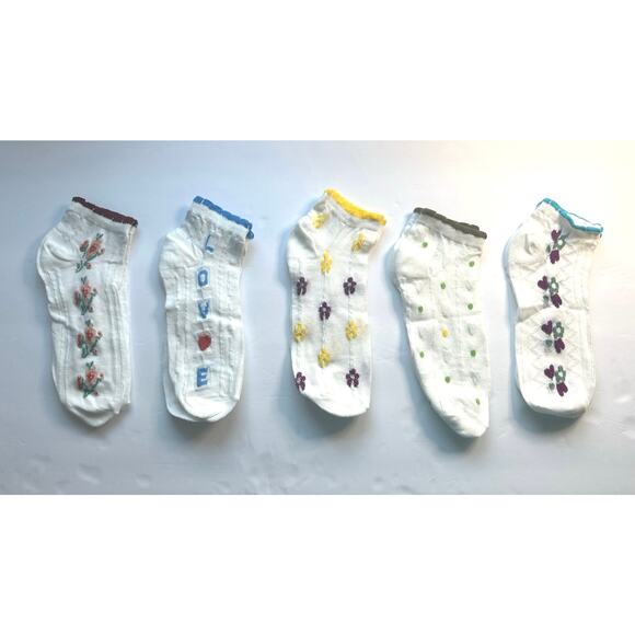 NEW Bundle of 5 Blue White Green Floral Love Pattern Breathable Ankle Socks M/L - Picture 1 of 5